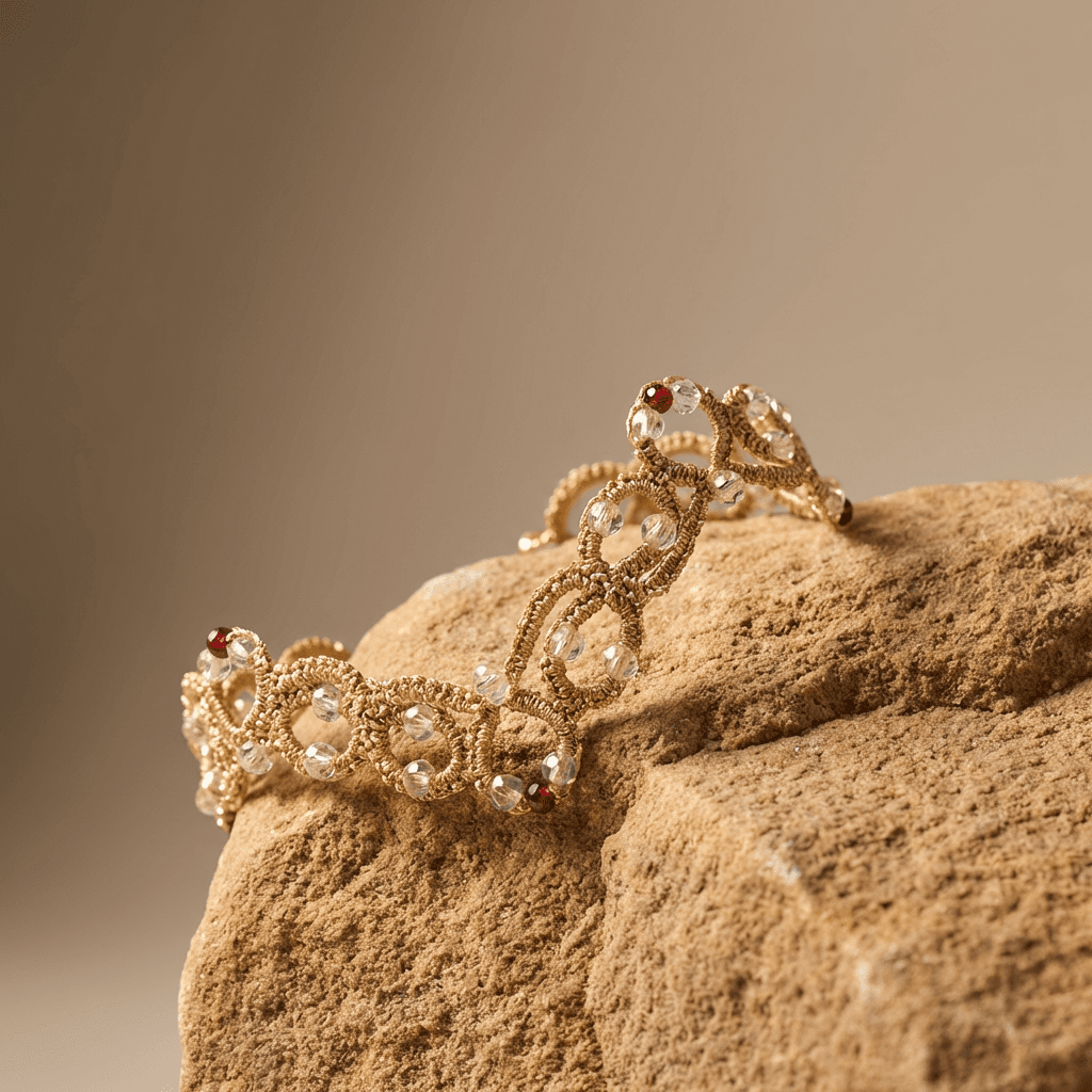 Золотистый браслет фриволите ручной работы с бусинами - Product shots