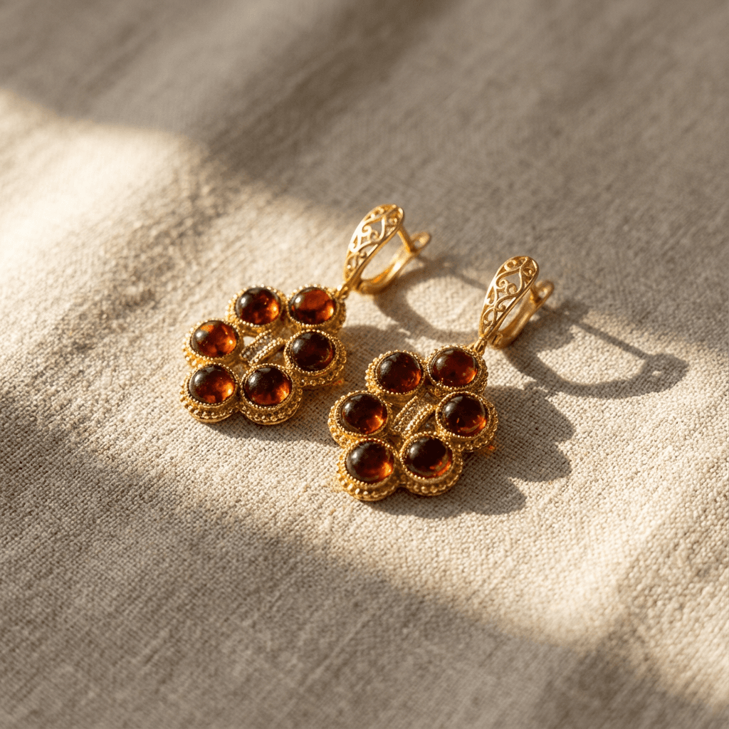 Серьги фриволите ручной работы с гранатом - Amber stones in golden frivolite lace