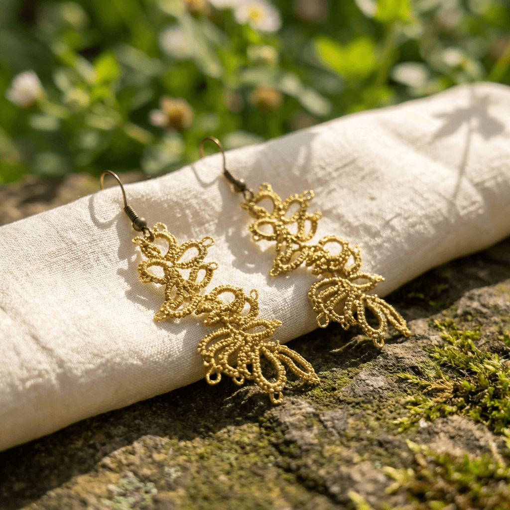 Золотистые серьги фриволите в технике анкарс - Product shots