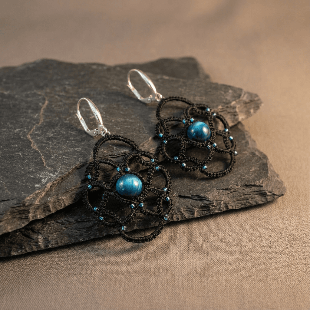 Серьги ручной работы фриволите с камнем - Black lace and teal bead earrings