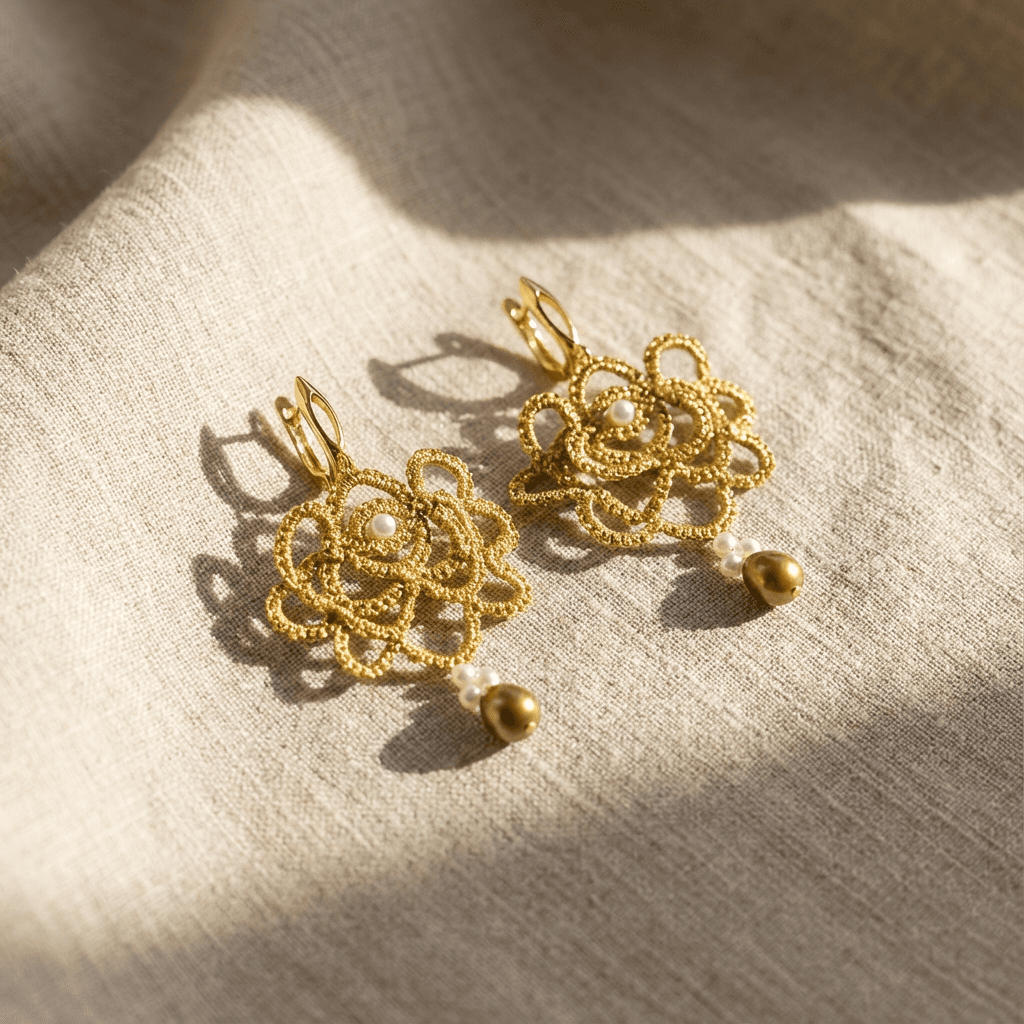 Золотистые серьги фриволите с жемчугом майорка - Golden floral lace pearl earrings