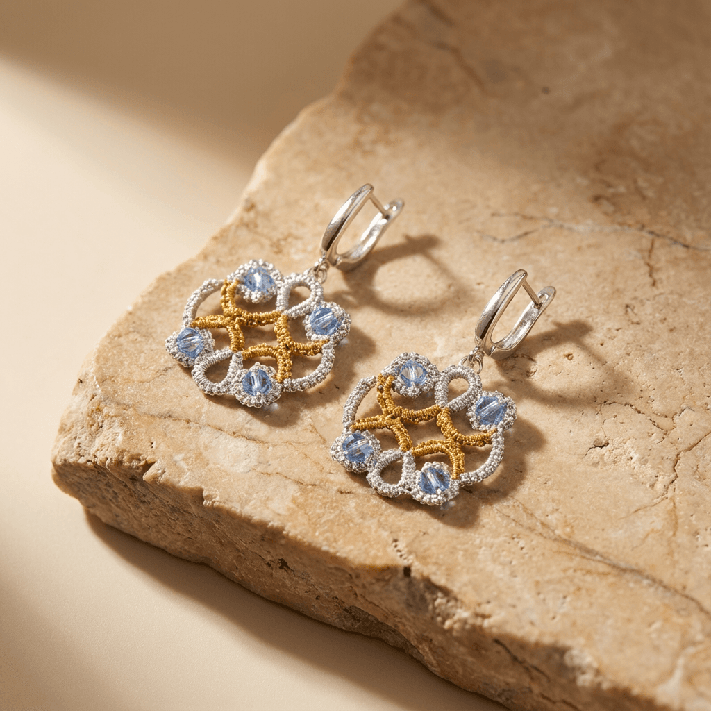 Ажурные серьги фриволите из металлической нити - Blue metallic lace ankars earrings