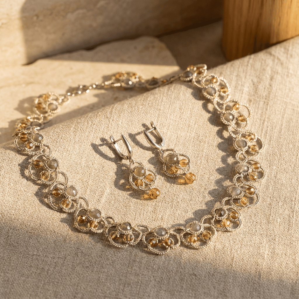 Комплект украшений: колье и серьги фриволите анкарс - Golden lace floral jewelry set