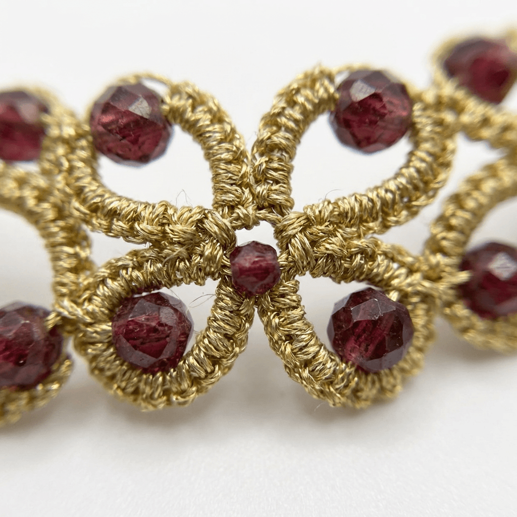Золотистый браслет фриволите с бордовыми кристаллами - Product shots