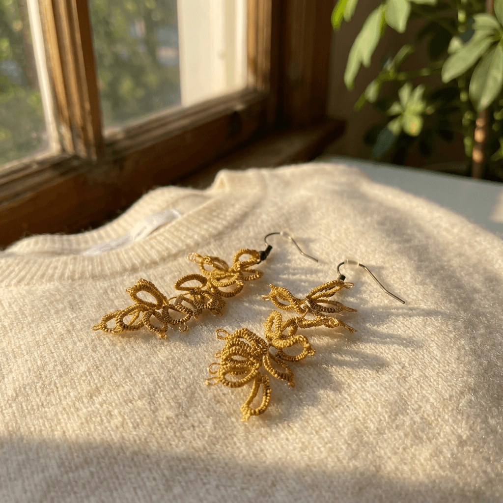 Серьги фриволите Золотые Листья - Product shots