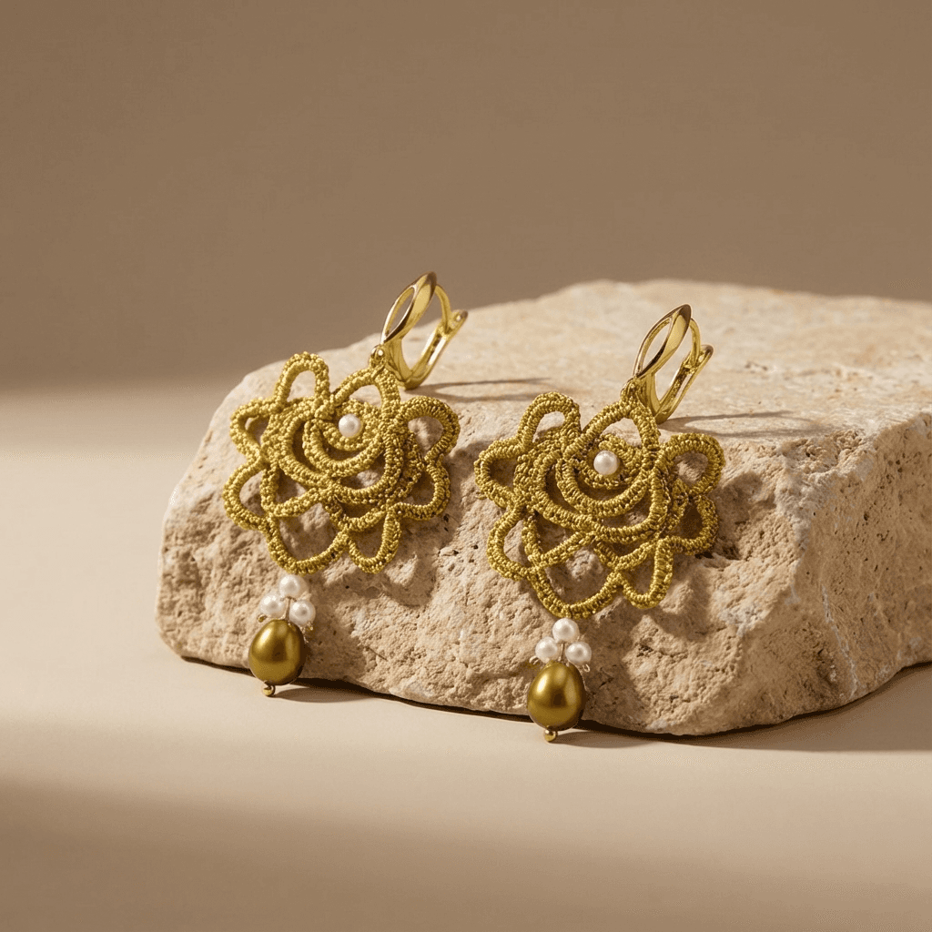 Золотистые серьги фриволите с жемчугом майорка - Golden floral lace pearl earrings