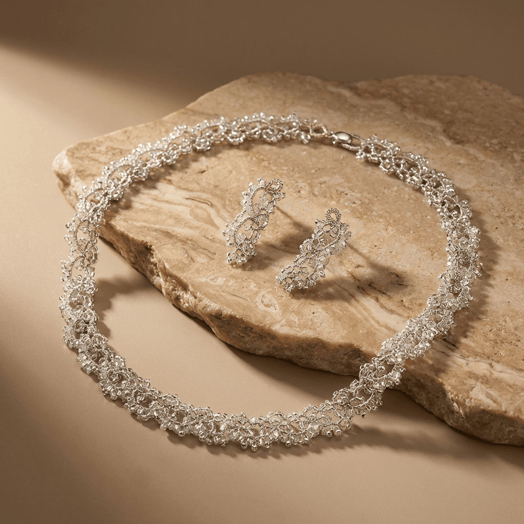 Колье и серьги фриволите из бисера серебристого цвета - Product shots