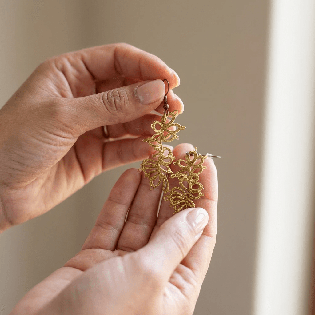 Золотистые серьги фриволите в технике анкарс - Product shots