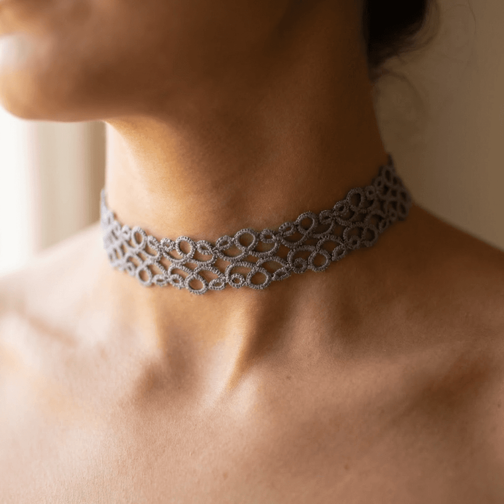 Кружевной чокер колье в технике фриволите - Продукт на человеке