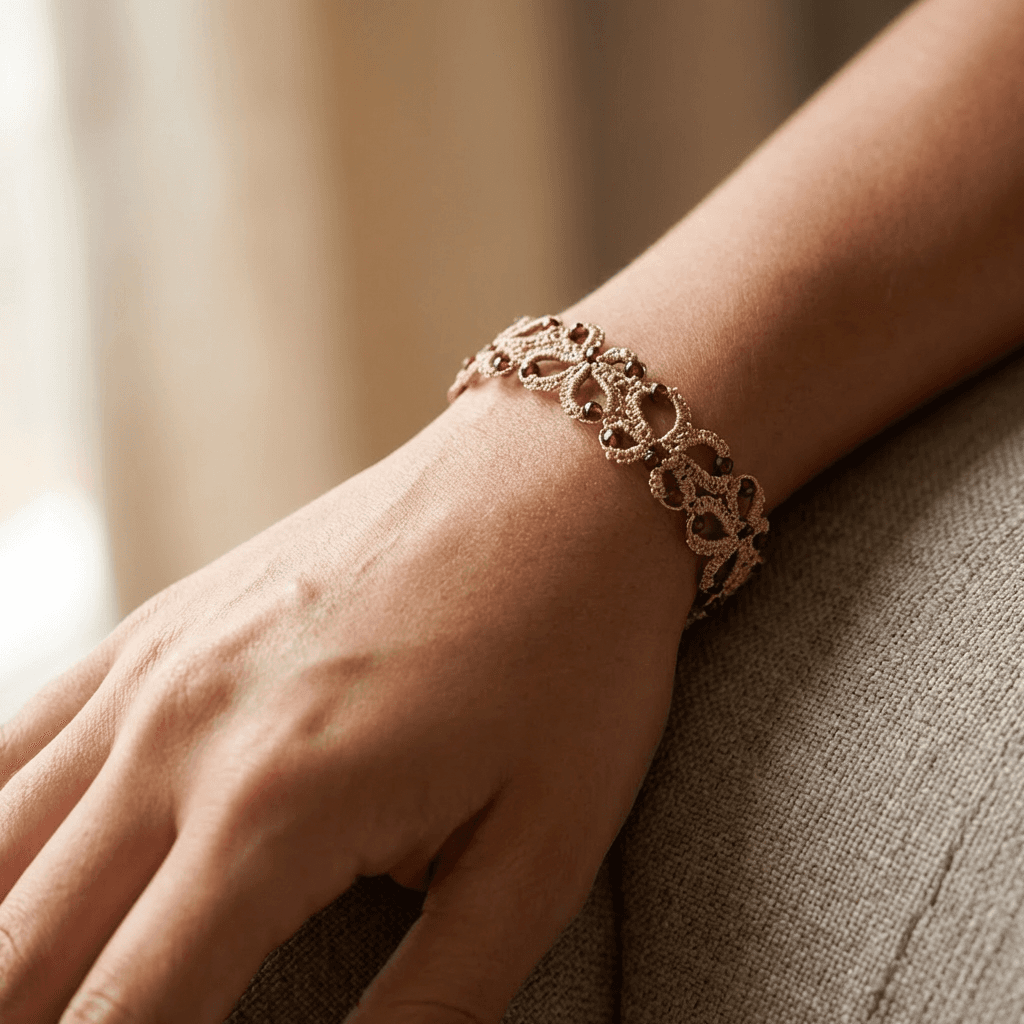 Золотистый браслет фриволите с бордовыми кристаллами - Продукт на человеке