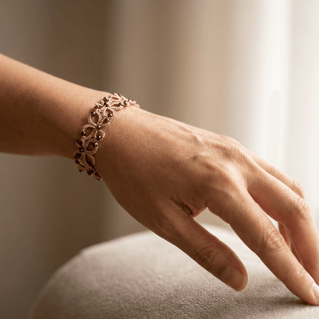 Золотистый браслет фриволите с натуральным гранатом - Продукт на человеке