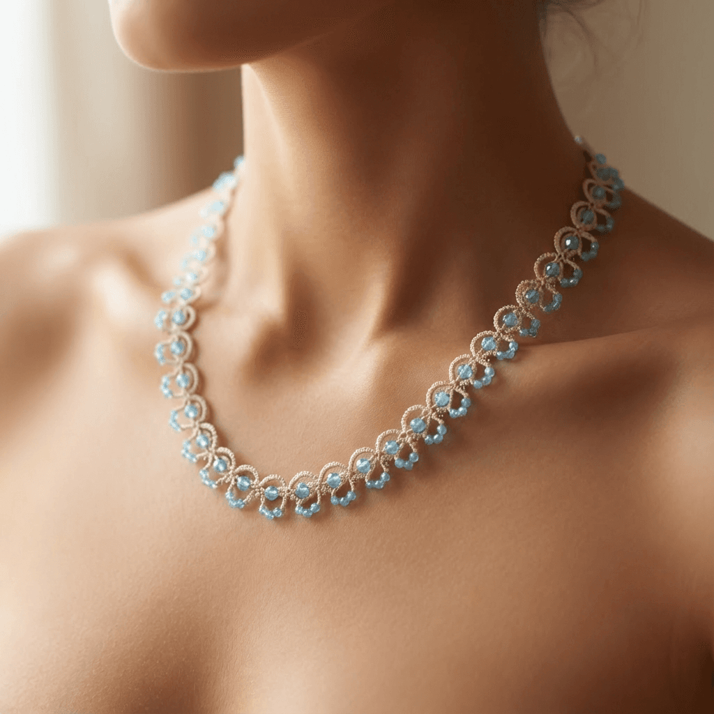 Кружевное колье фриволите с голубыми бусинами - Продукт на человеке