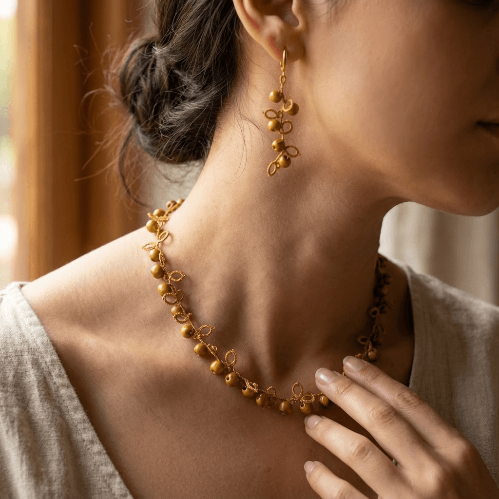 Комплект колье и серьги фриволите из дерева - Продукт на человеке