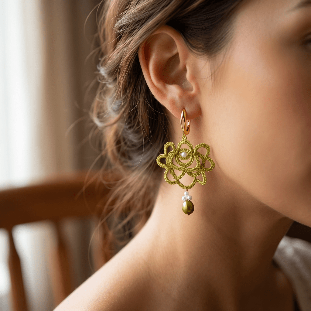 Золотистые серьги фриволите с жемчугом майорка - Продукт на человеке