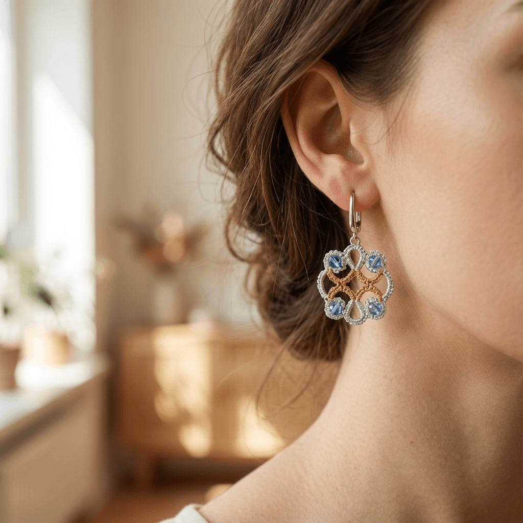 Ажурные серьги фриволите из металлической нити - Продукт на человеке