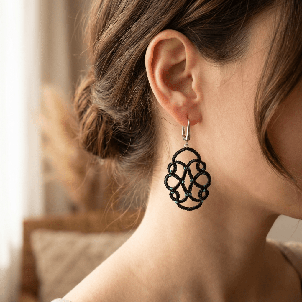 Серьги фриволите черные с бисером кружевные - Продукт на человеке